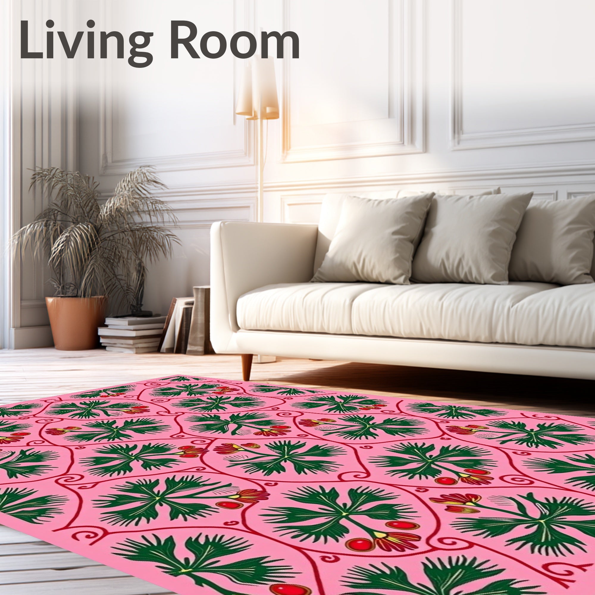 Pink Green Red Floral Vine Medallion Rug
