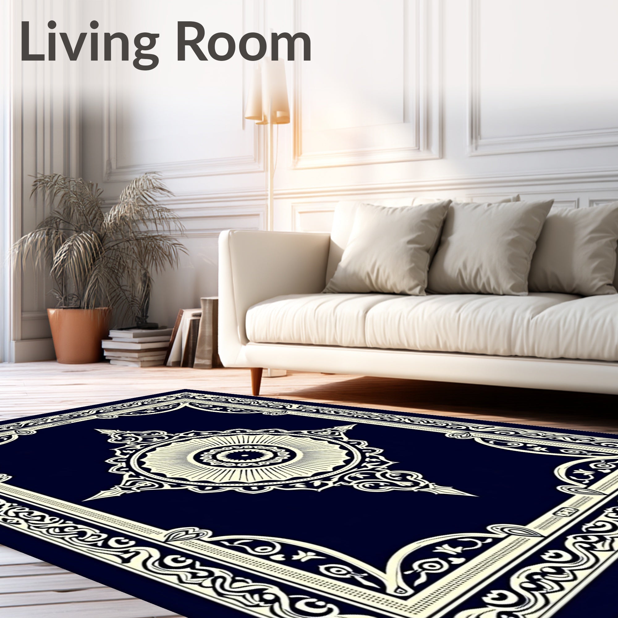 Elegant Navy Cream Medallion Frame Rug