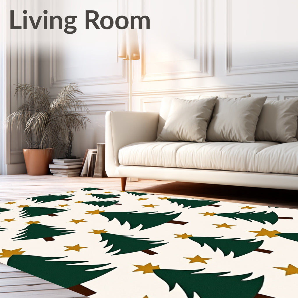 Green Christmas Trees Golden Stars Rug