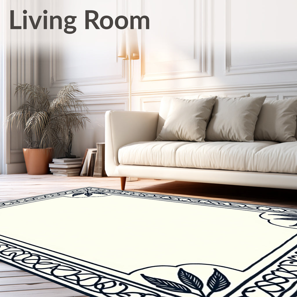 Classic Navy Bordered Botanical Frame Rug