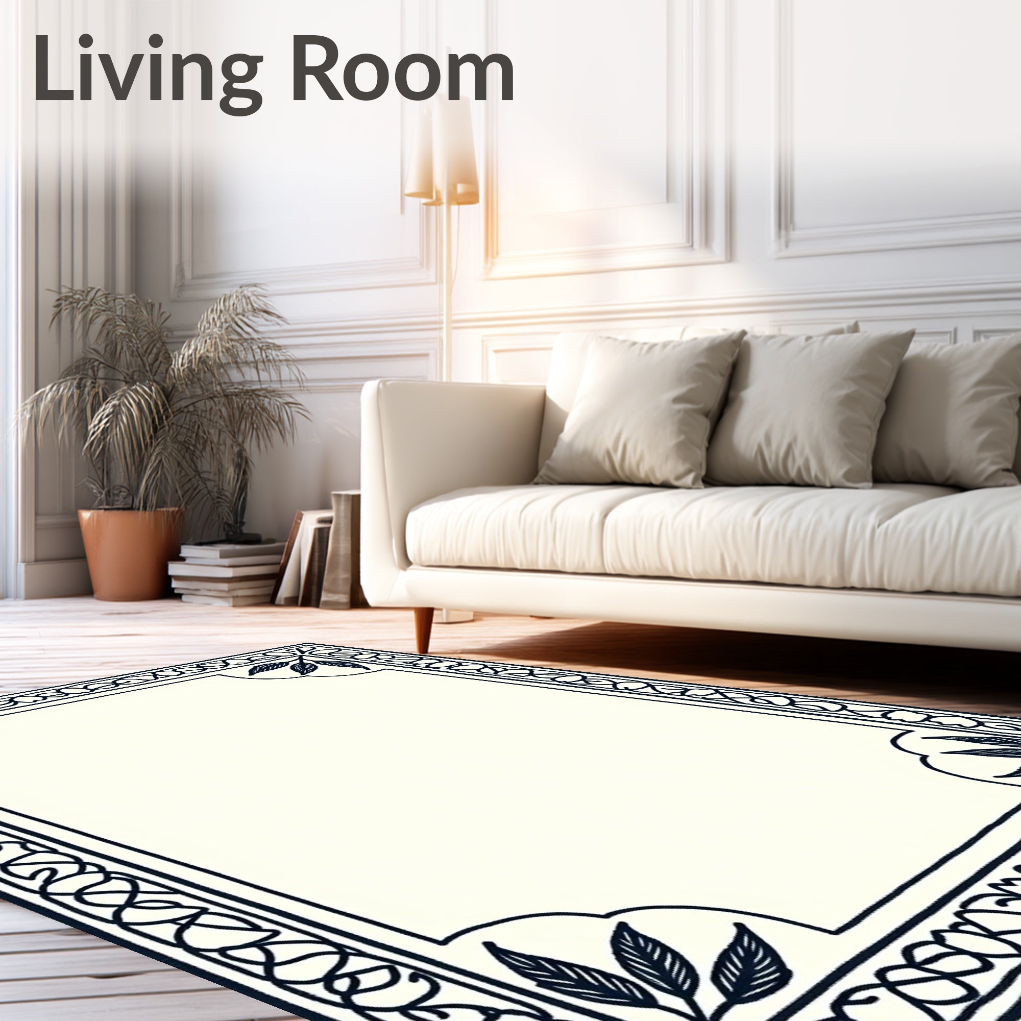 Classic Navy Bordered Botanical Frame Rug