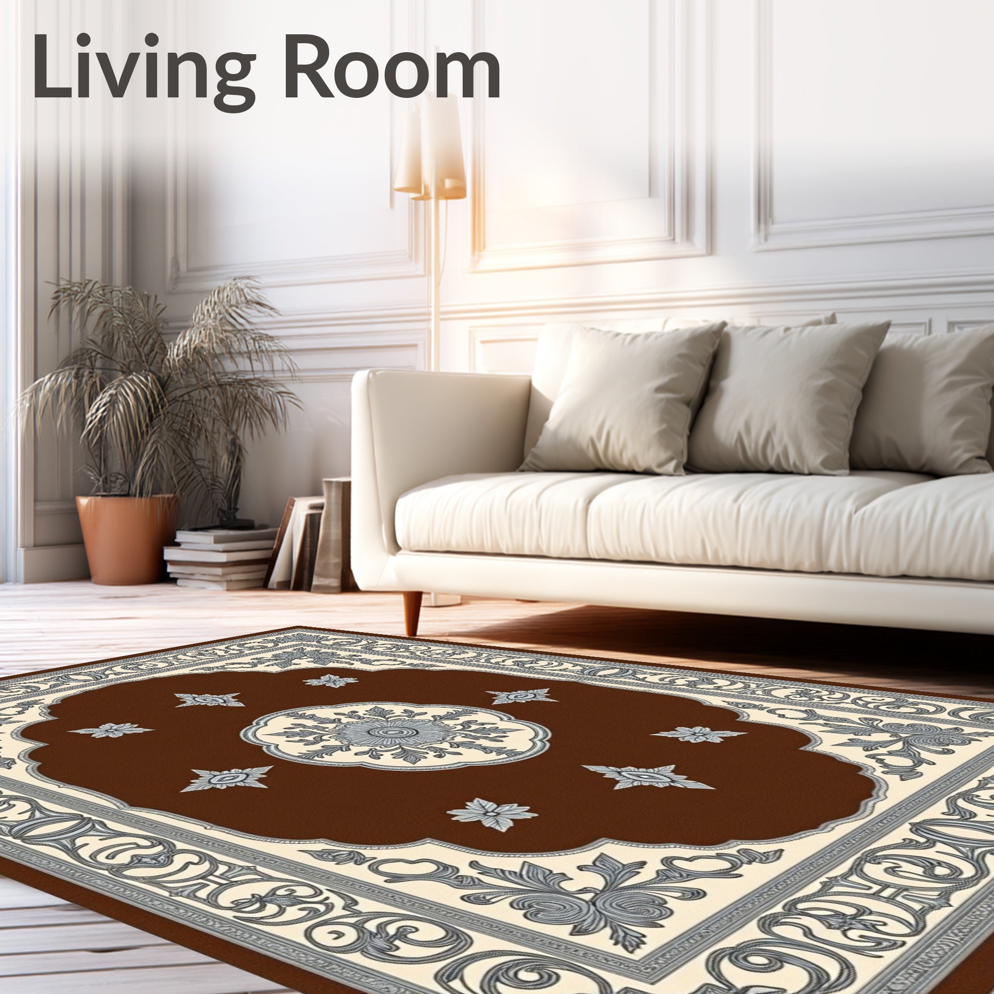 Rich Brown Floral Scroll Medallion Rug