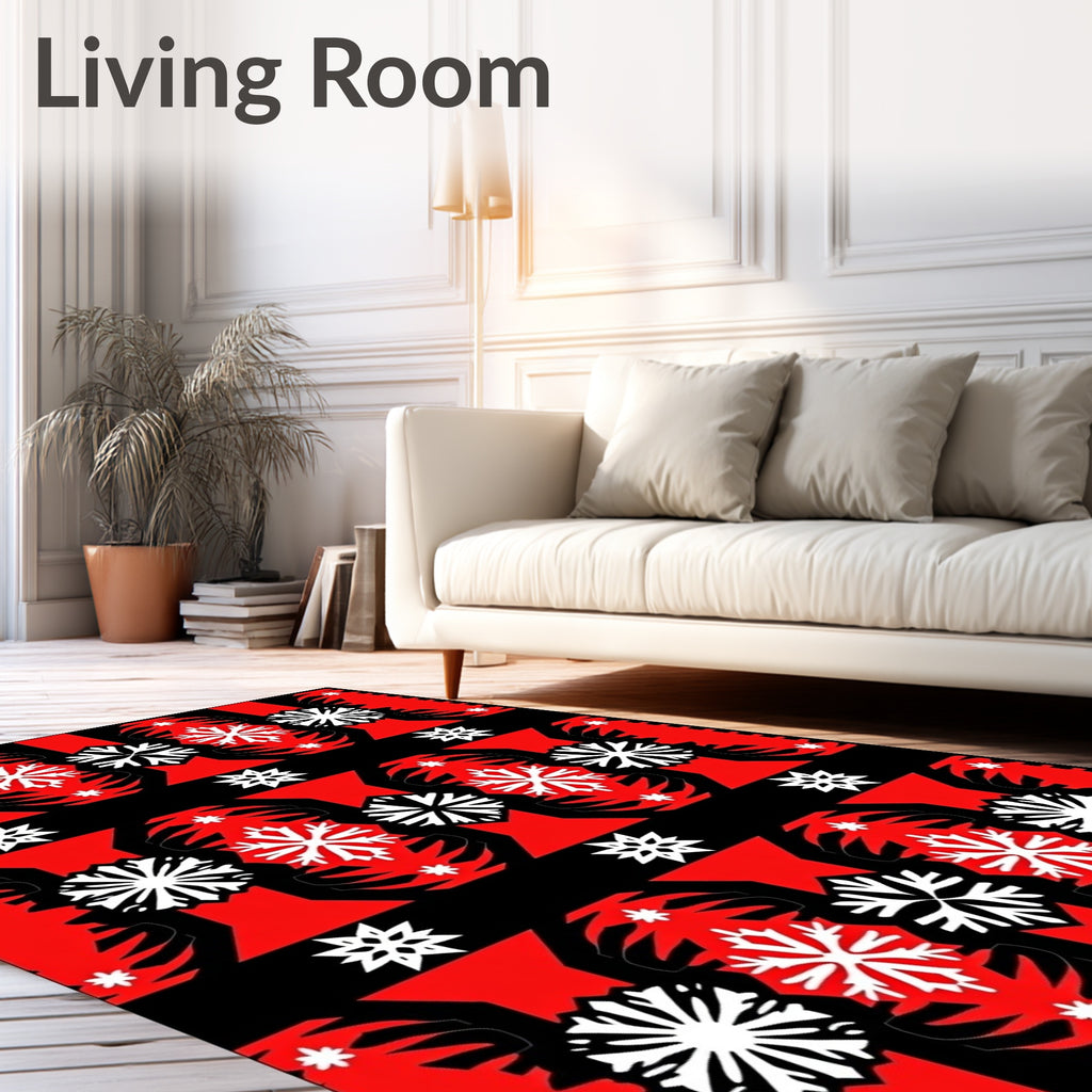 Bold Red Black Snowflake Symmetry Rug
