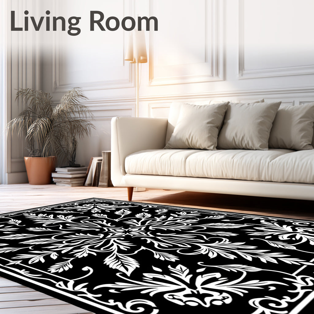 White Ornate Scrollwork Foliage Contrast Rug