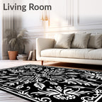 White Ornate Scrollwork Foliage Contrast Rug