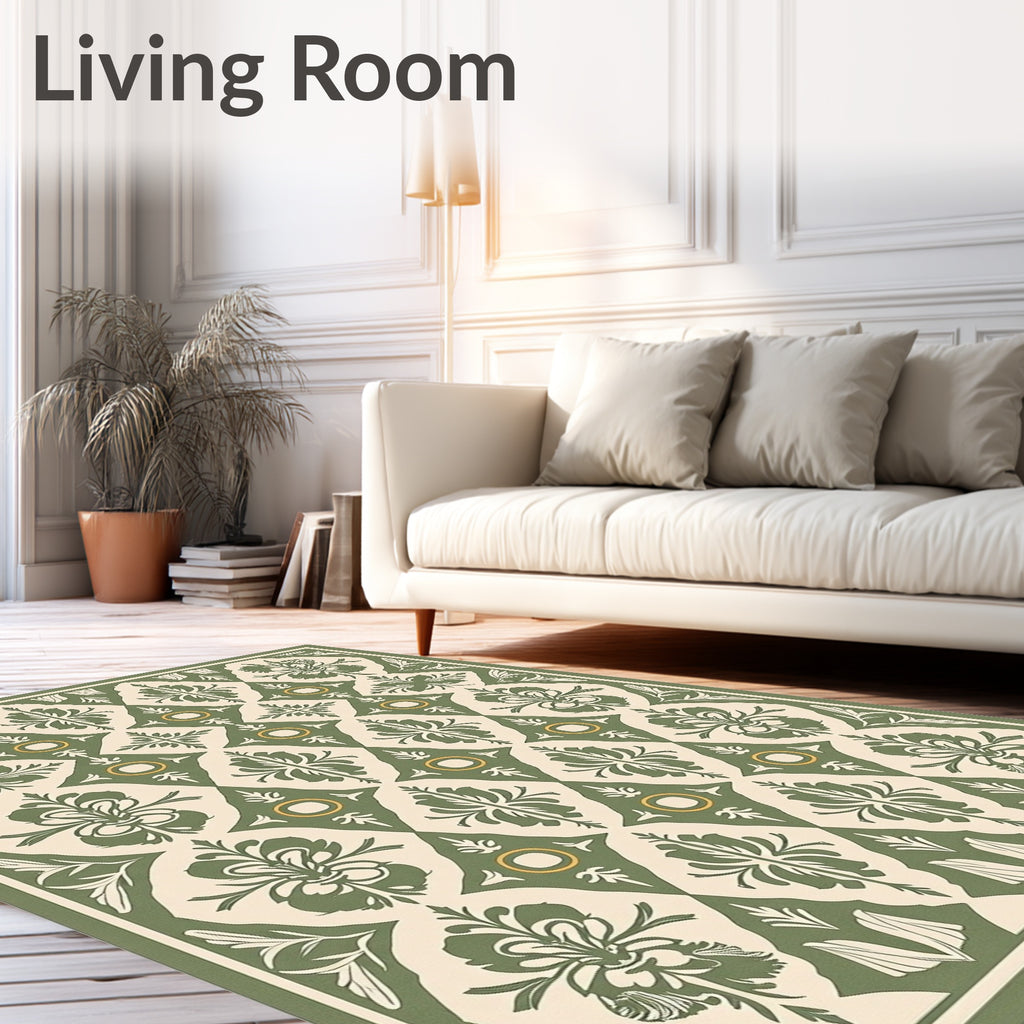 Ornate Green Floral Damask Diamond Rug