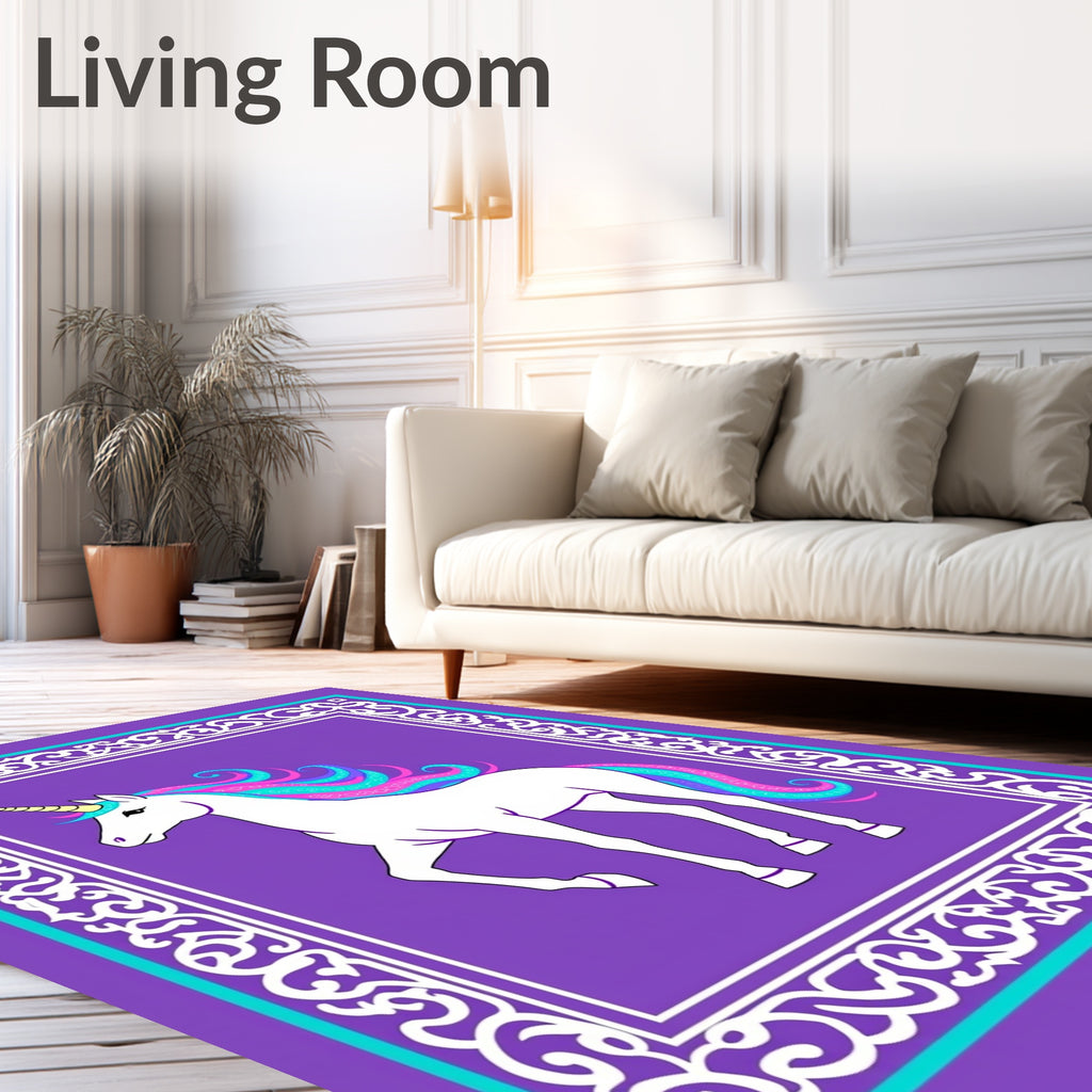 Whimsical Unicorn Rainbow Mane Filigree Border Rug