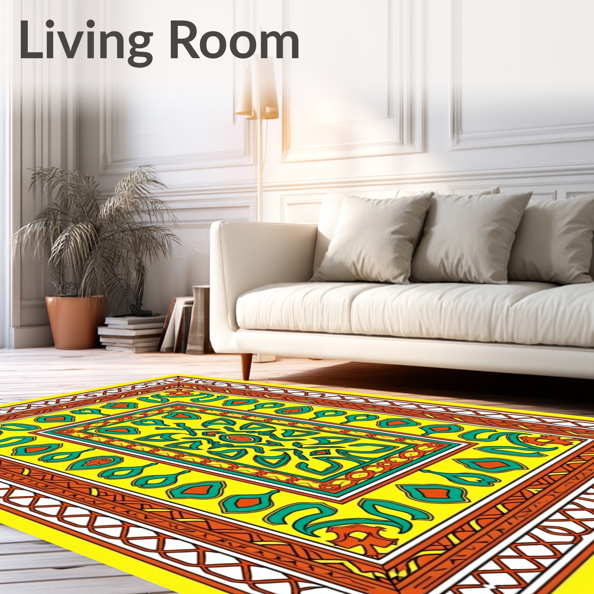 Vibrant Yellow Emerald Medallion Border Rug