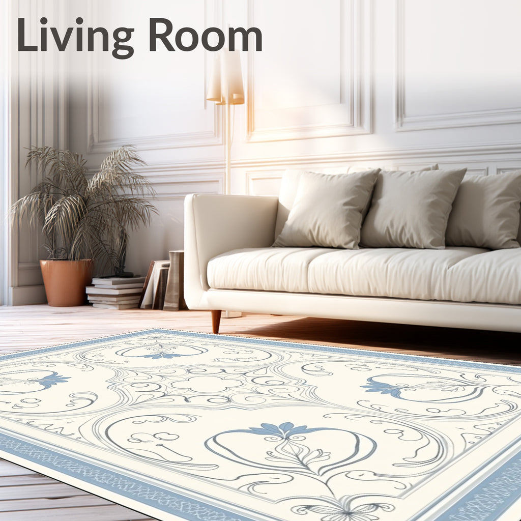 Soft Blue Floral Scroll Medallion Rug