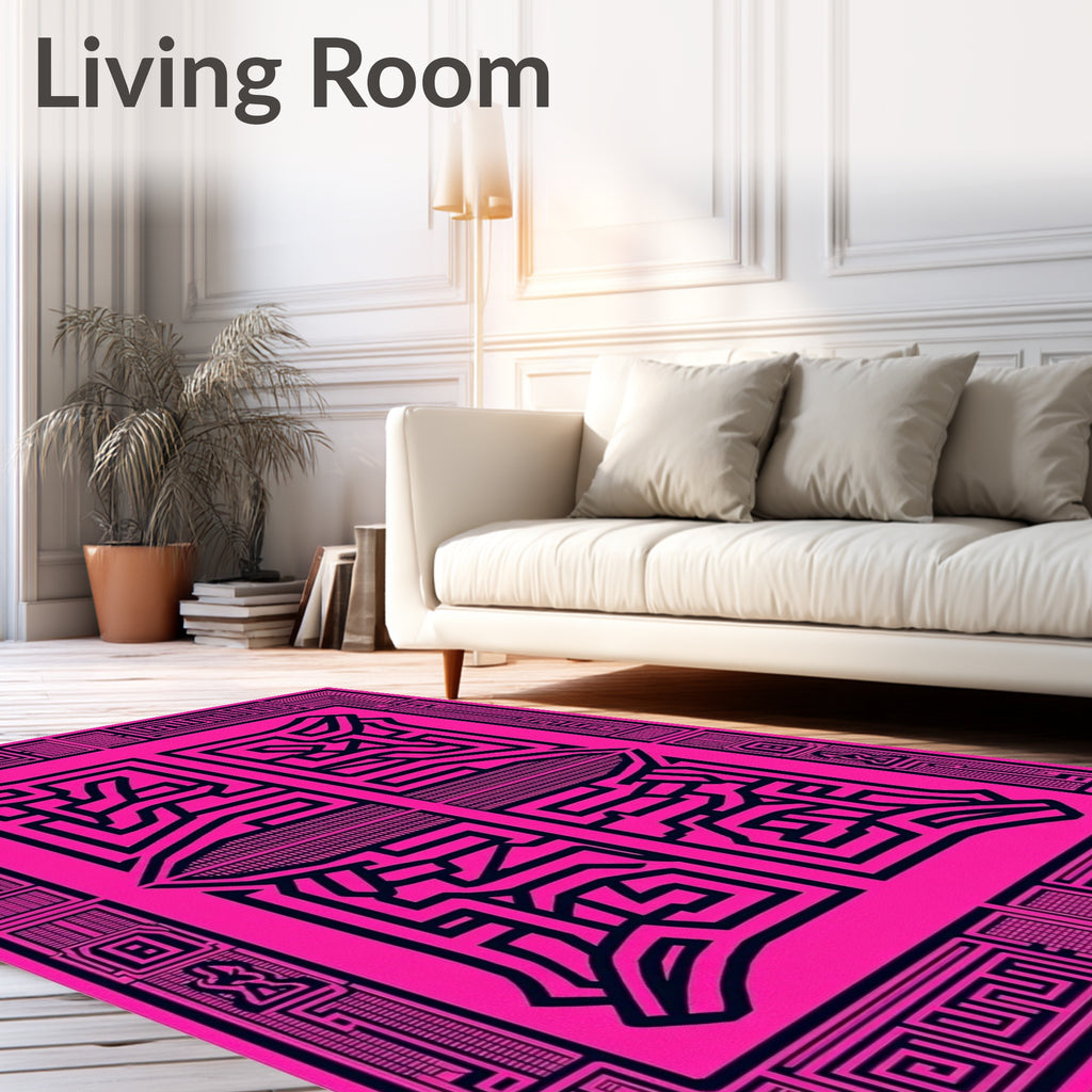 Bold Black Labyrinthine Pink Geometric Rug