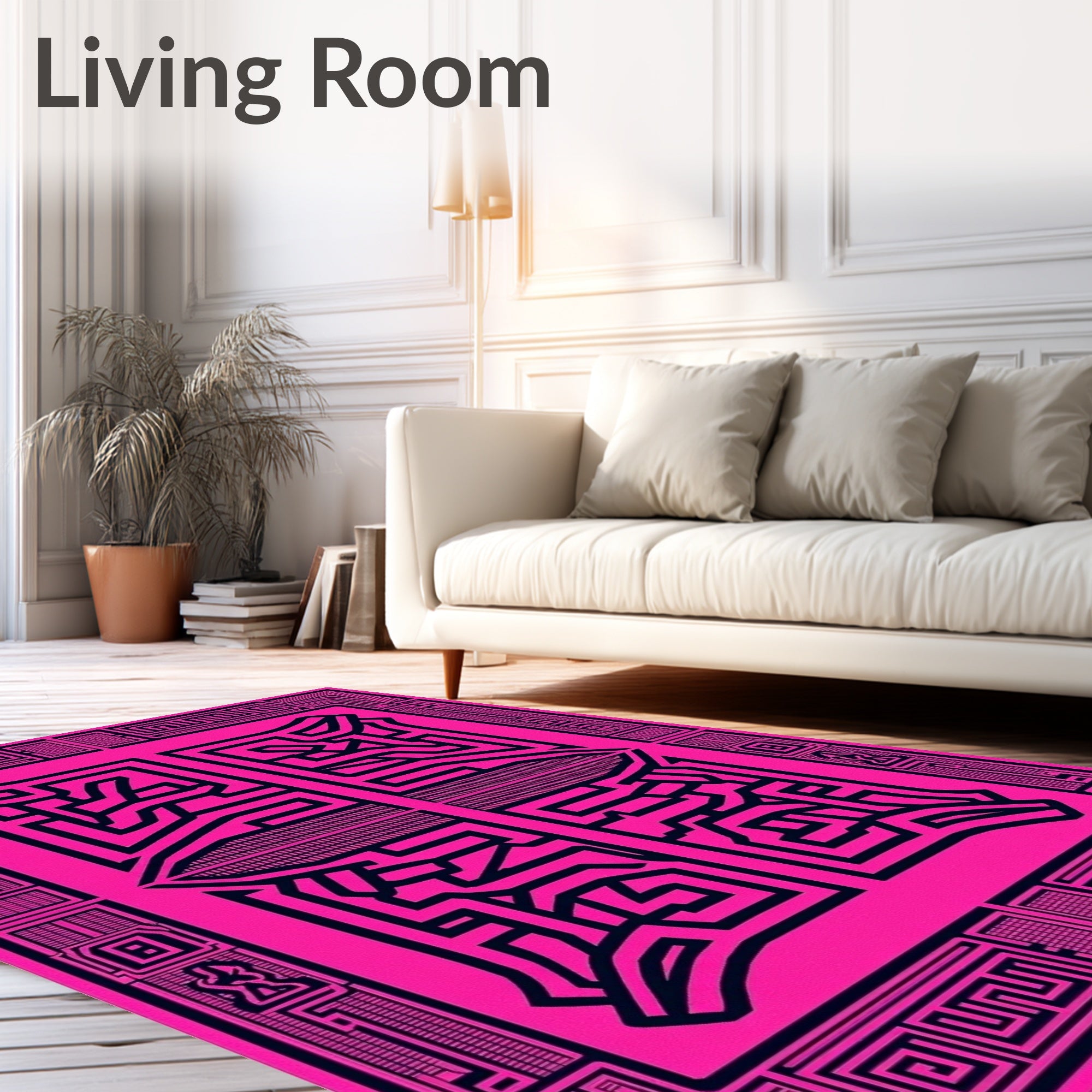 Bold Black Labyrinthine Pink Geometric Rug