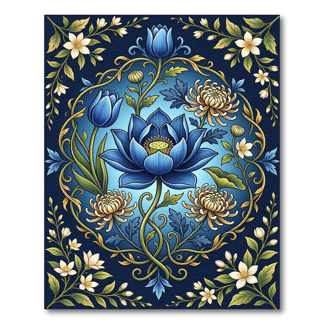 Elegant Blue Floral Medallion Botanical Rug