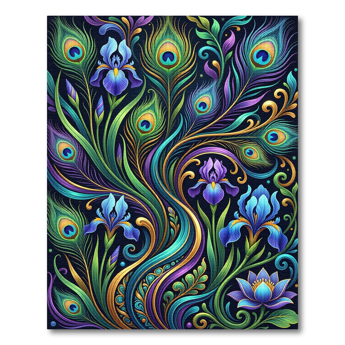Peacock Feather Iris Floral Gold Swirls Rug