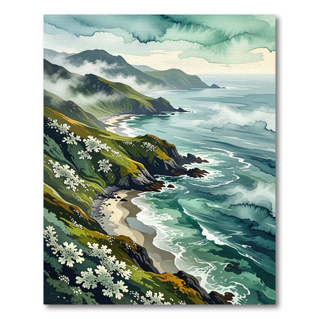 Coastal Cliffside Misty Green Landscape Rug