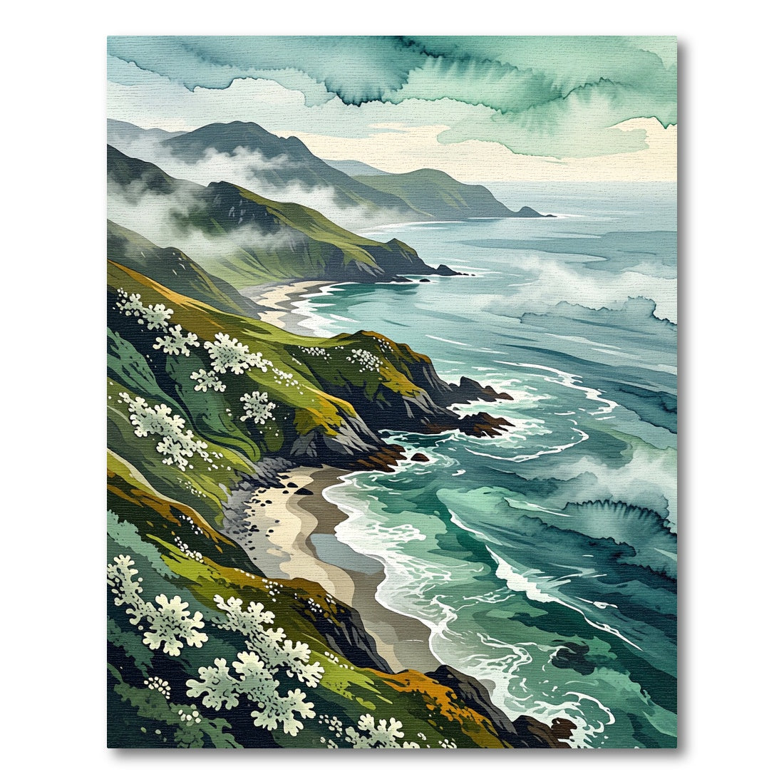 Coastal Cliffside Misty Green Landscape Rug