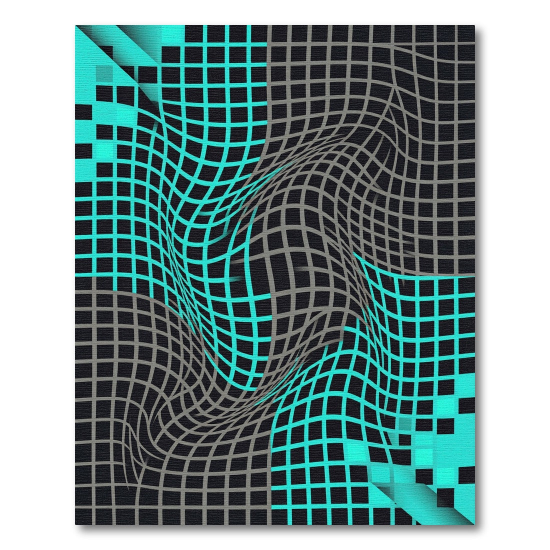 Abstract Teal and Charcoal Warped Grid Rug