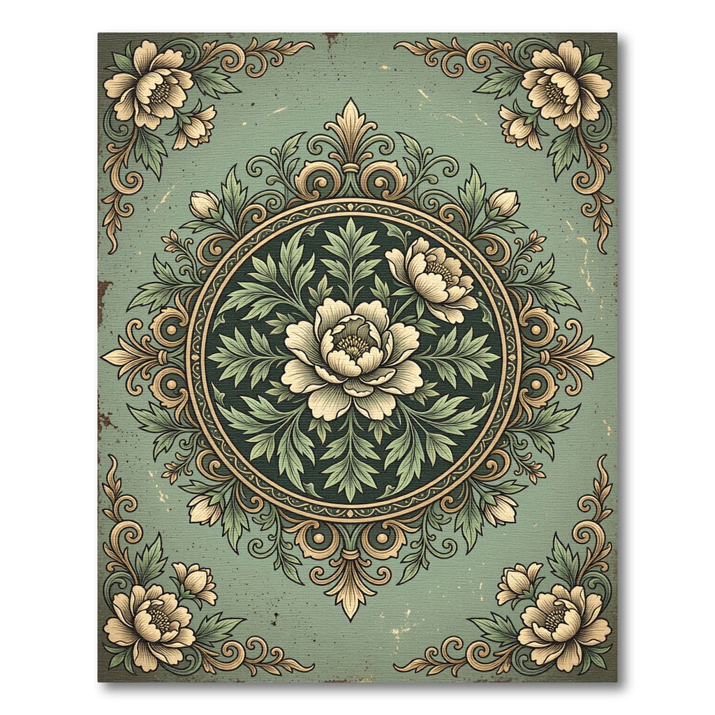 Sage Green Floral Circular Medallion Rug