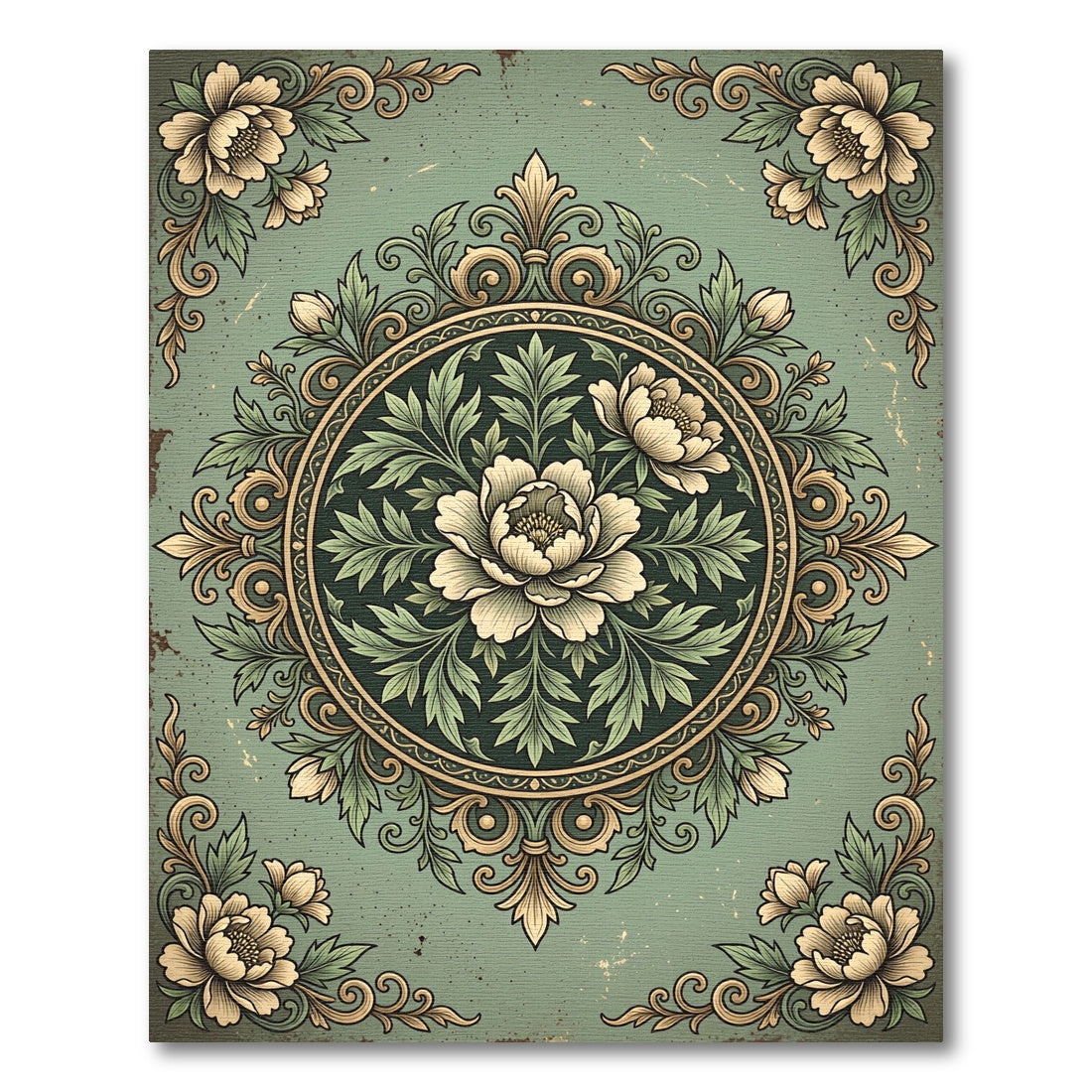 Sage Green Floral Circular Medallion Rug