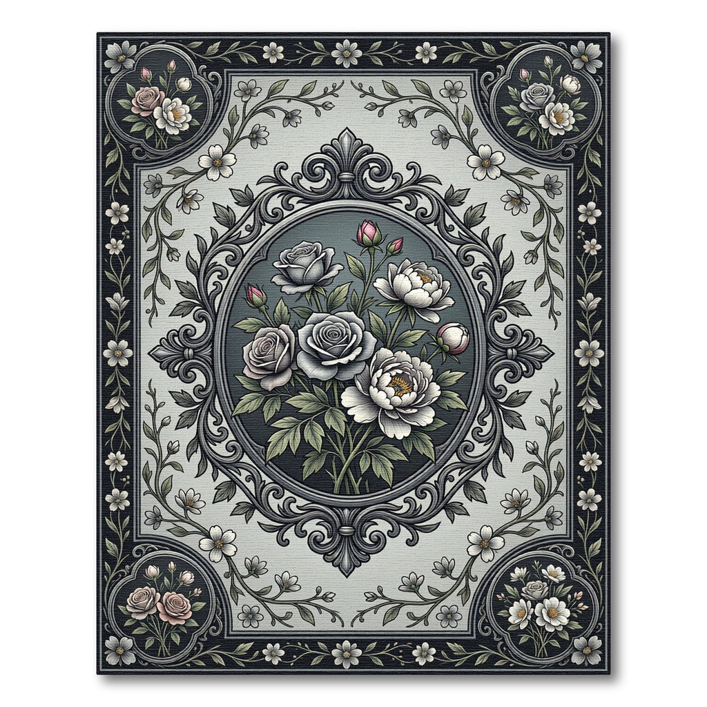 Vintage Gray Rose Floral Medallion Rug