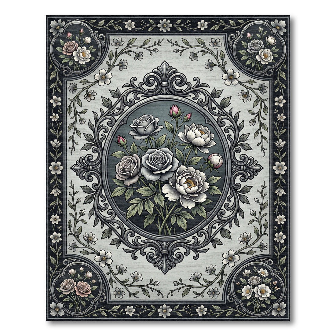 Vintage Gray Rose Floral Medallion Rug