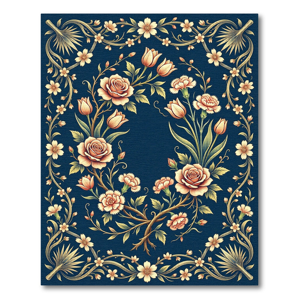 Navy Floral Bouquet with Golden Vines Rug