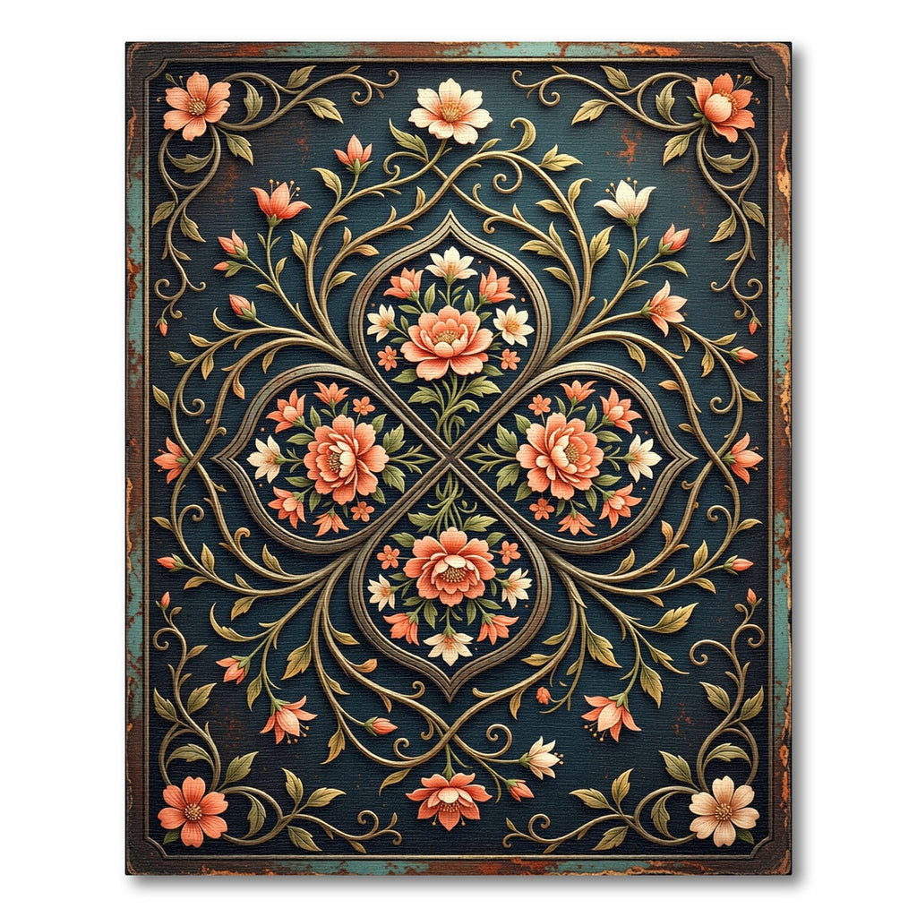 Elegant Coral Floral Medallion Scroll Rug