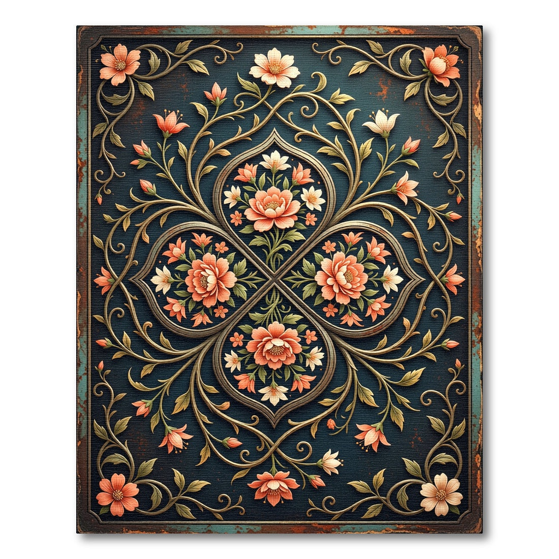 Elegant Coral Floral Medallion Scroll Rug