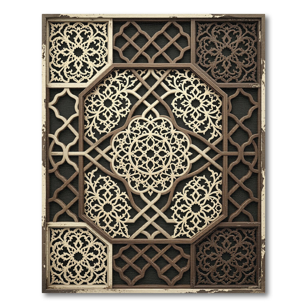 Ornate Cream Brown Interlocking Lattice Medallion Rug