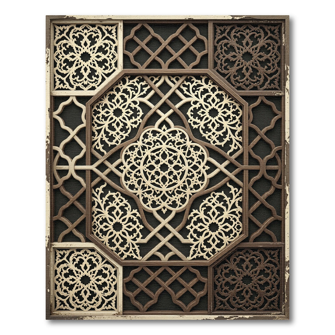 Ornate Cream Brown Interlocking Lattice Medallion Rug