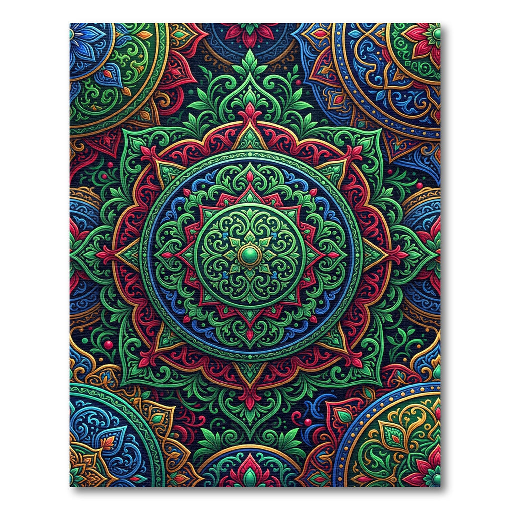 Vibrant Green Red Mandala Medallion Rug