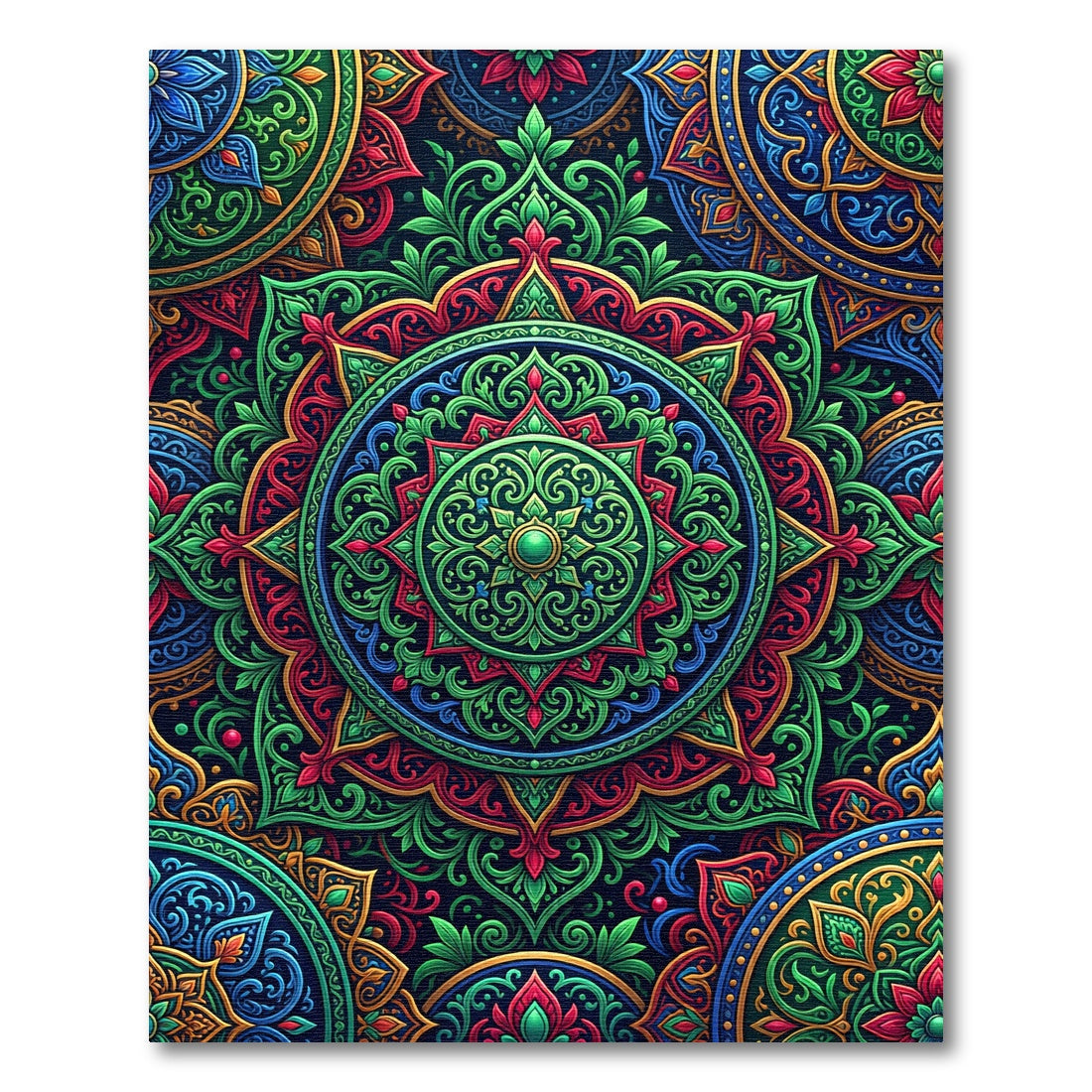 Vibrant Green Red Mandala Medallion Rug