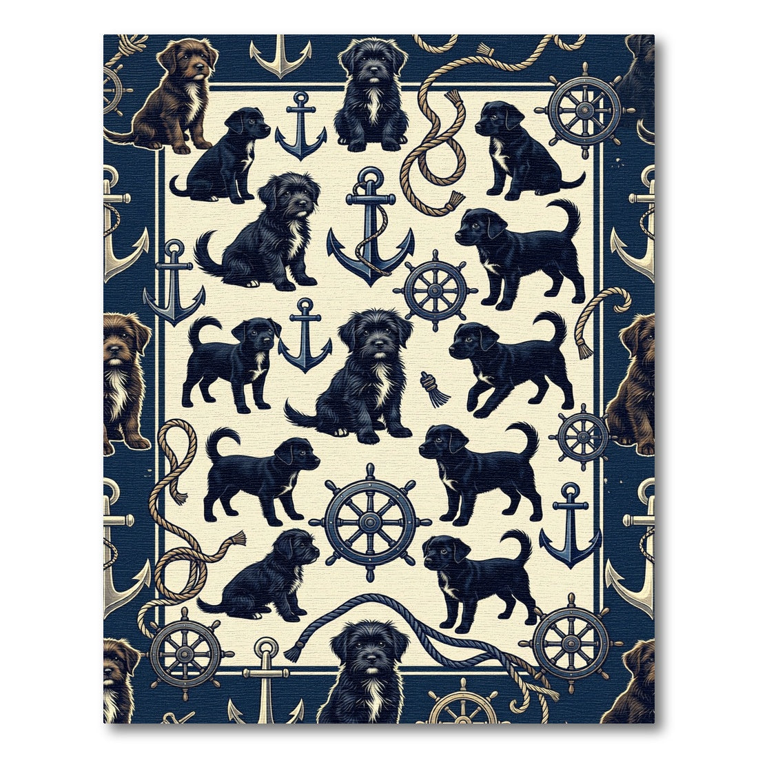 Nautical Black Puppy Anchor Helm Navy Rug