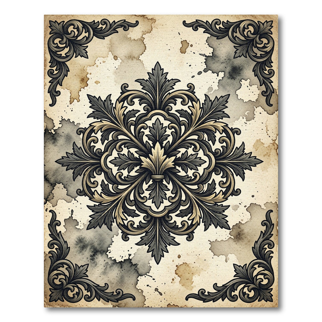 Ornate Charcoal Scroll Medallion Antique Parchment Rug