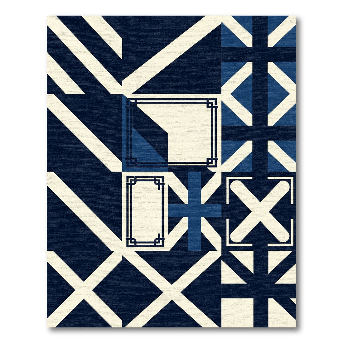 Modern Navy Cream Geometric Grid Rug