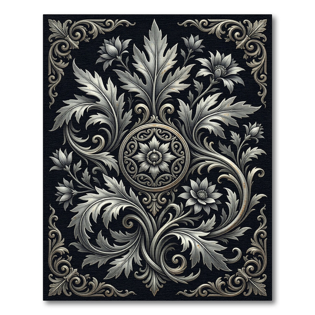 Elegant Silver Monochrome Floral Medallion Rug