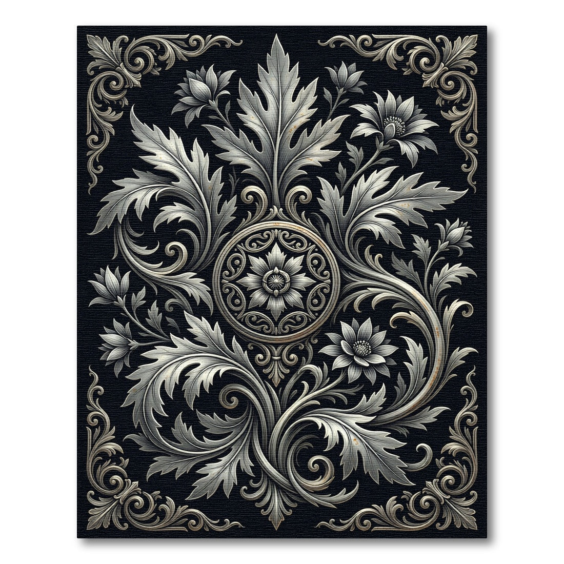 Elegant Silver Monochrome Floral Medallion Rug