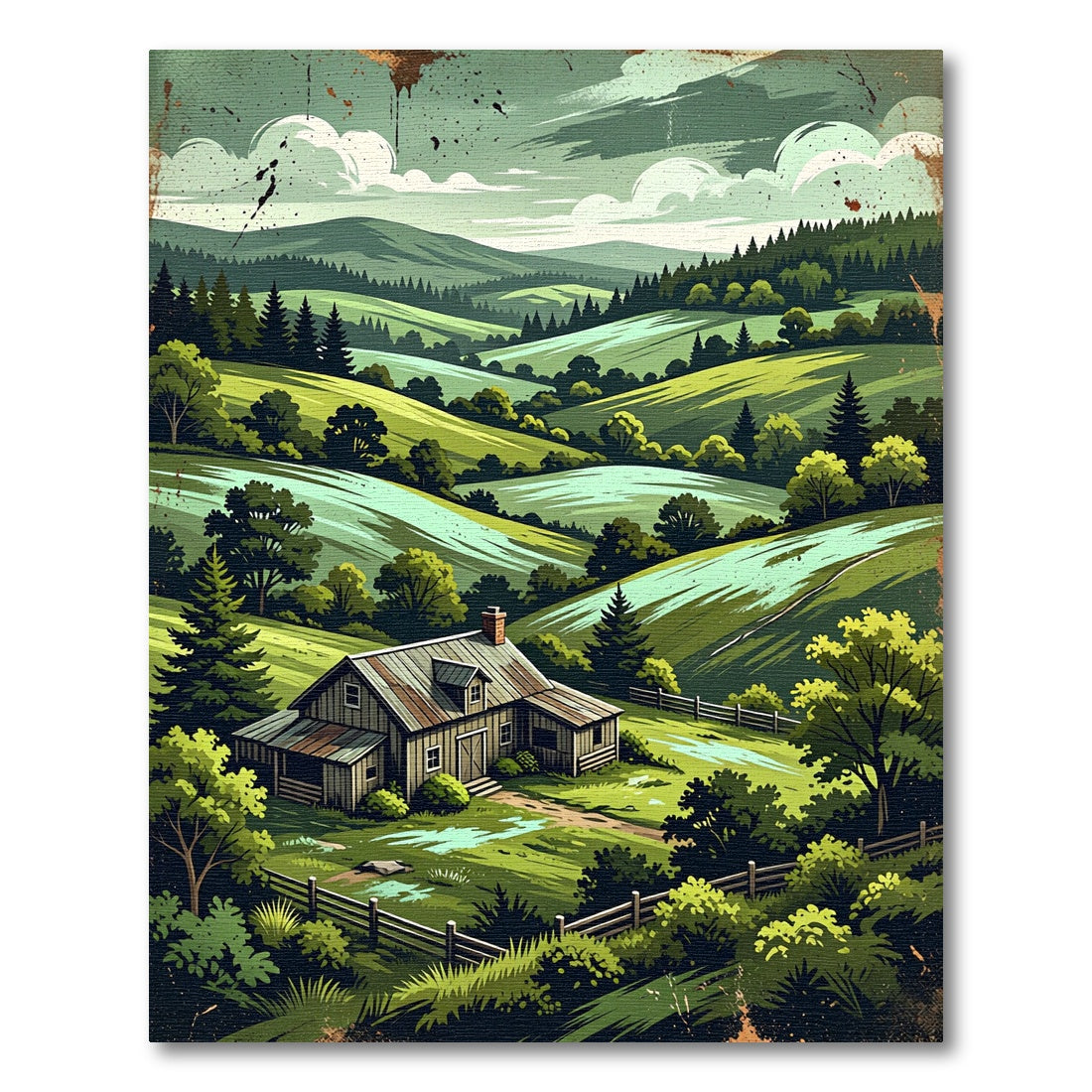 Rustic Green Rolling Hills Landscape Rug