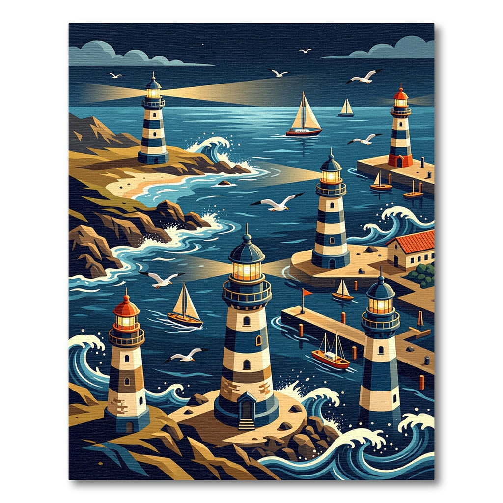 Coastal Lighthouse Harbor Nautical Night Scene Rug