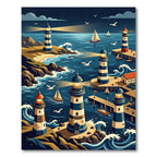 Coastal Lighthouse Harbor Nautical Night Scene Rug