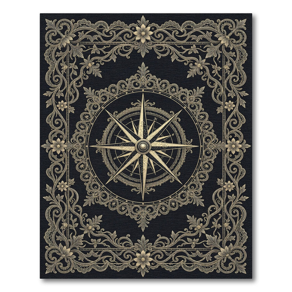 Antique Gold Compass Floral Border Rug