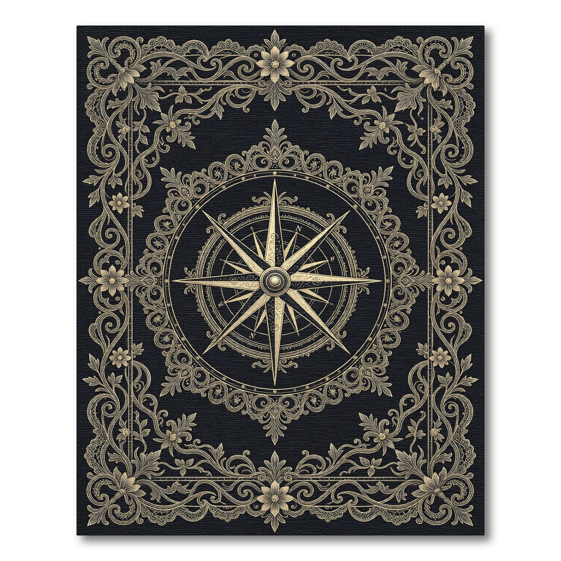 Antique Gold Compass Floral Border Rug