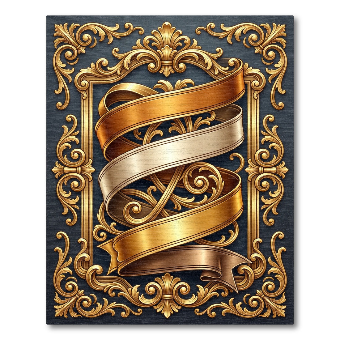 Ornate Gold Ribbon Scroll Frame Rug