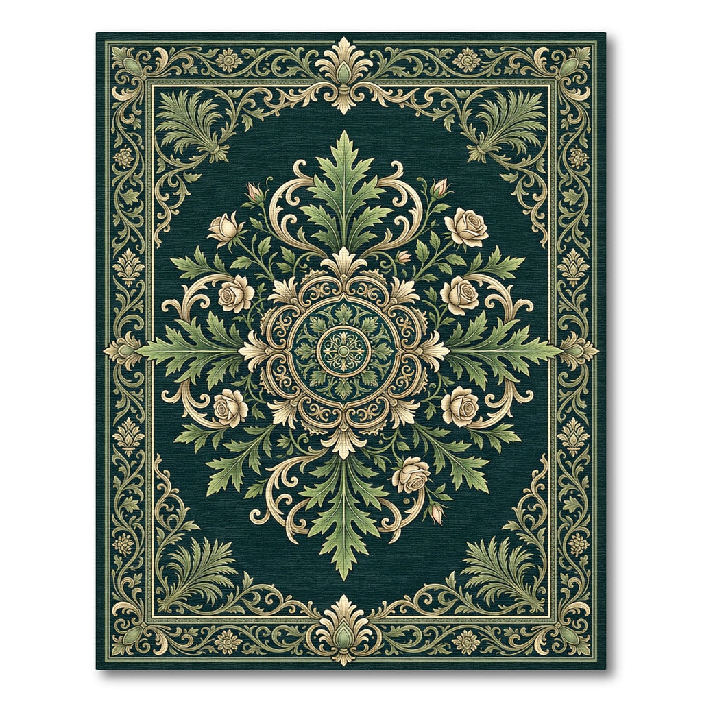 Elegant Emerald Rose Scroll Medallion Rug