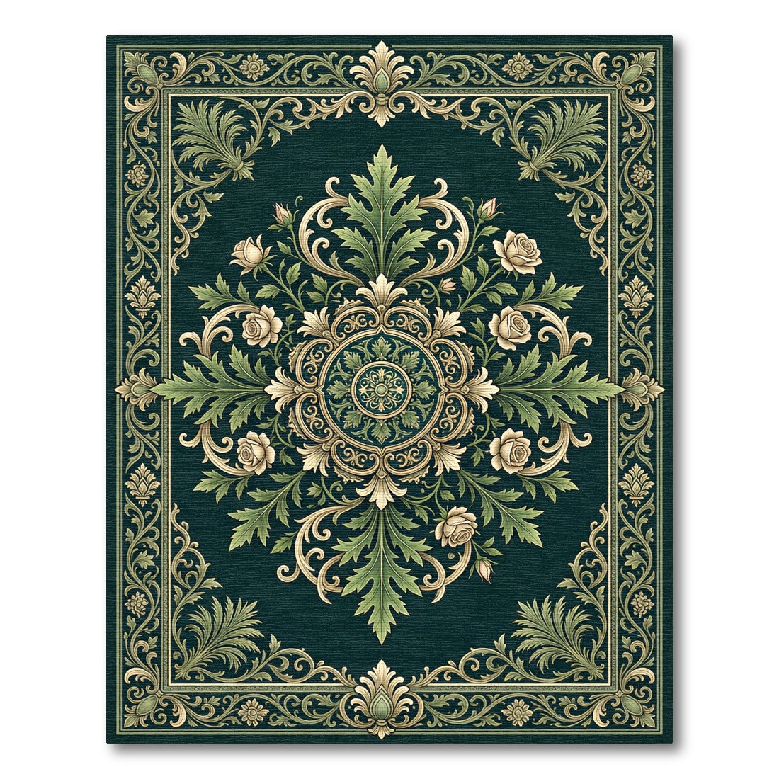 Elegant Emerald Rose Scroll Medallion Rug