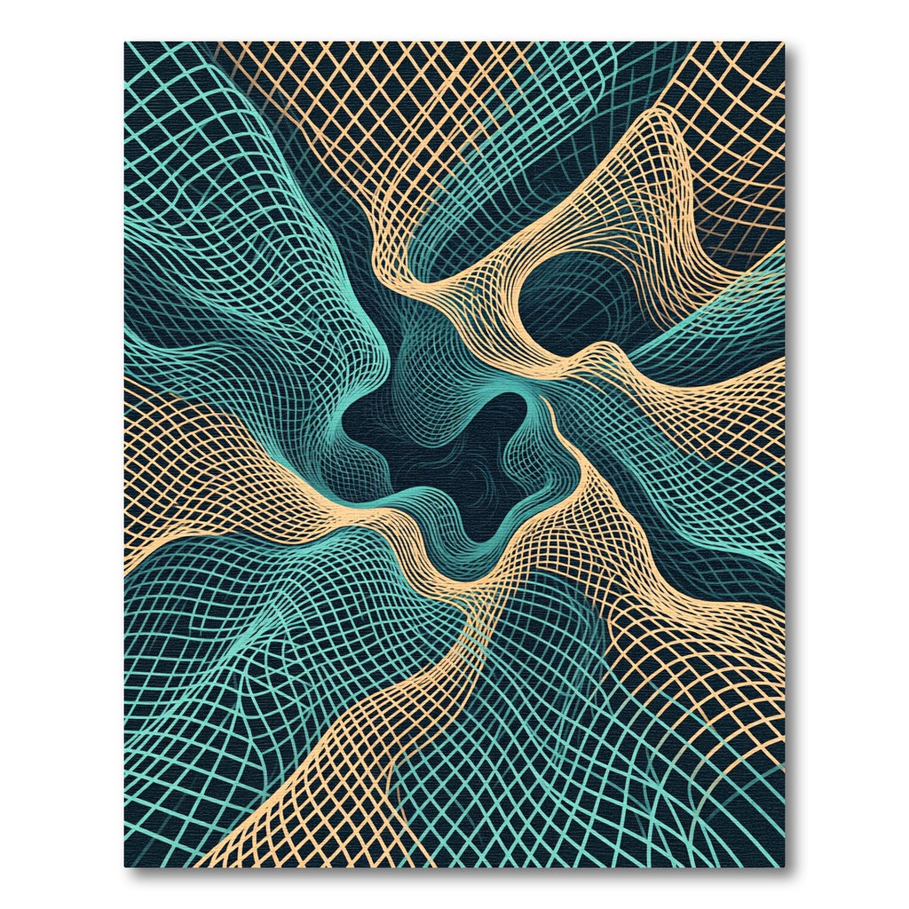 Abstract Teal and Gold Wavy Grid Rug