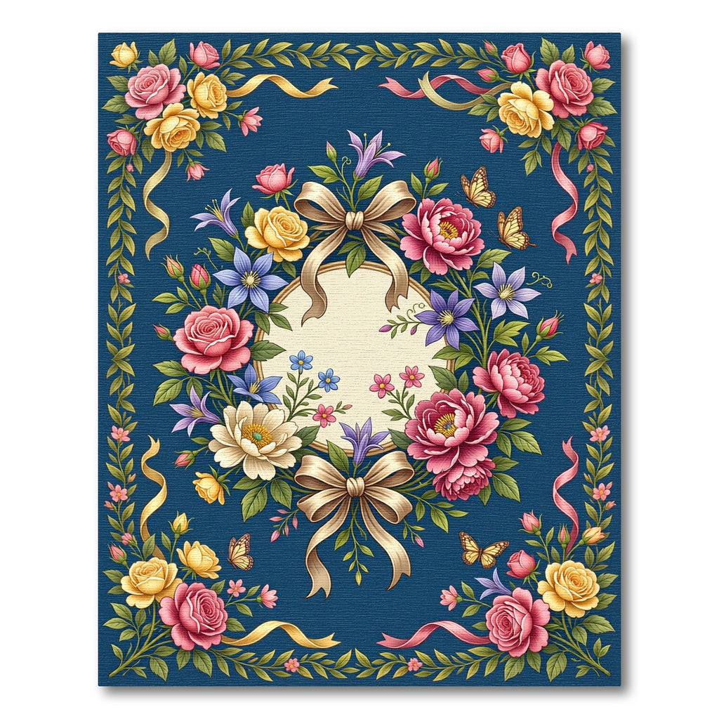 Fuchsia Rose Bouquet Blue Jewel Border Rug
