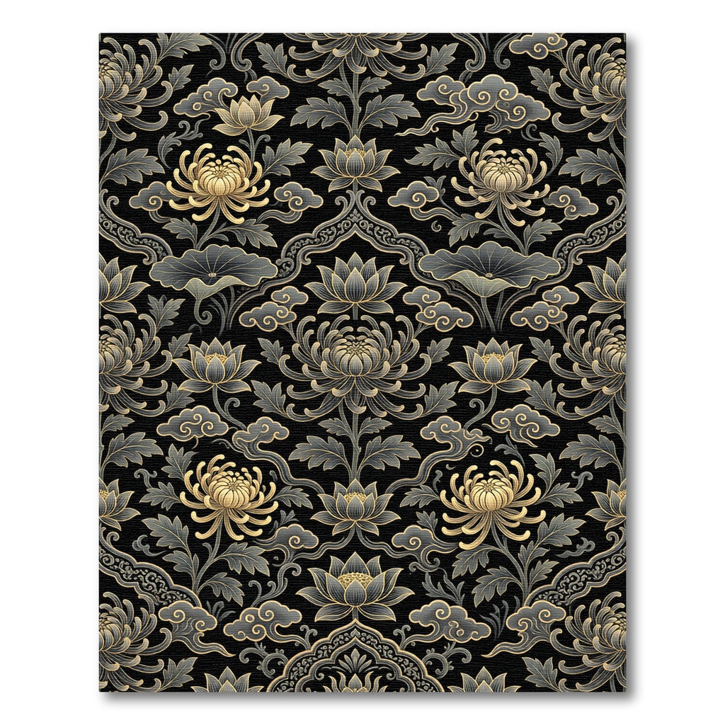 Golden Lotus Chrysanthemum Floral Black Chinoiserie Rug