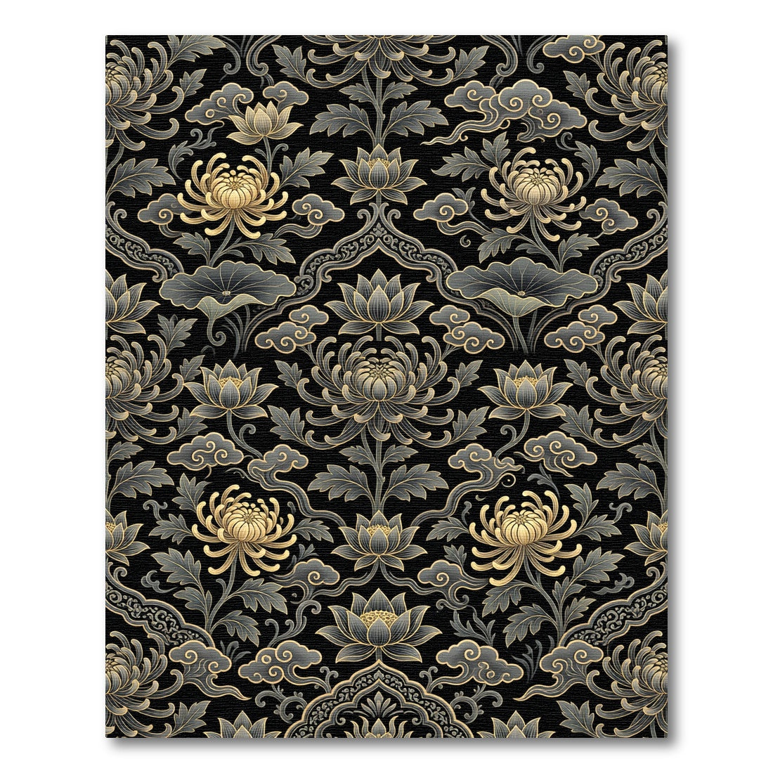 Golden Lotus Chrysanthemum Floral Black Chinoiserie Rug