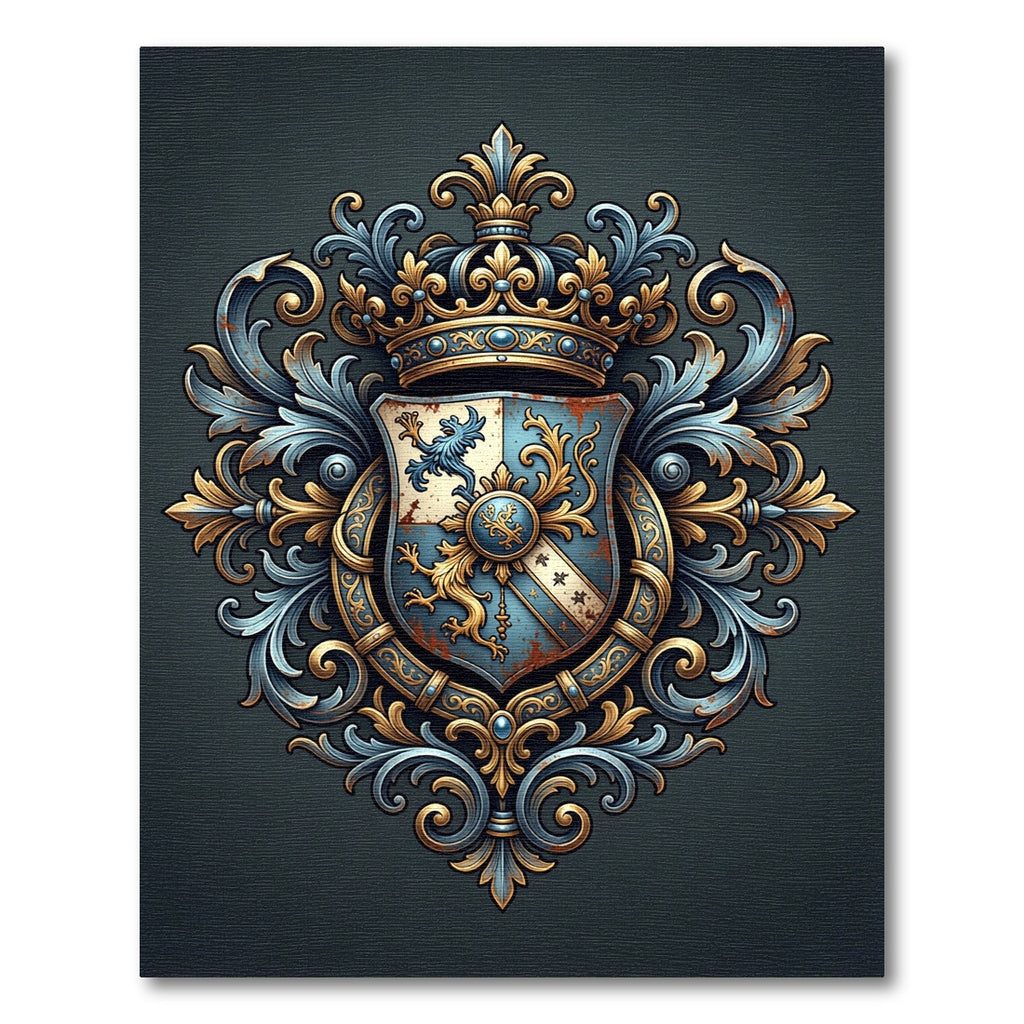 Ornate Blue and Gold Heraldic Crest Rug