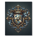 Ornate Blue and Gold Heraldic Crest Rug